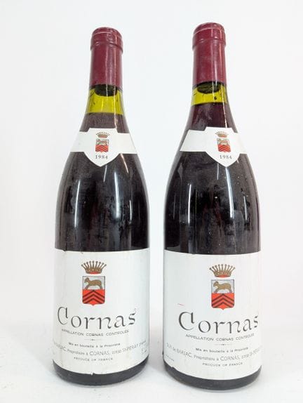 2 bouteilles Guy de Barjac, Cornas, 1984, niveaux 
