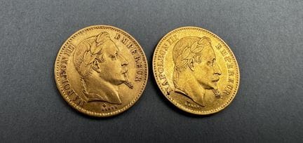 2 x 20 F o Napoleón III con cabeza laureada, 1869,