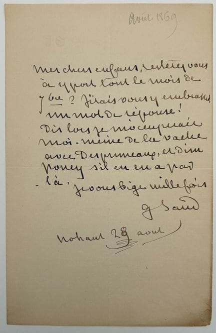 [AUTOGRAPH]. SAND (George). AUTOGRAPH NOTE SIGNED 