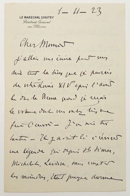 [AUTOGRAPH]. LYAUTEY (Hubert, Marshal). SIGNED AUT