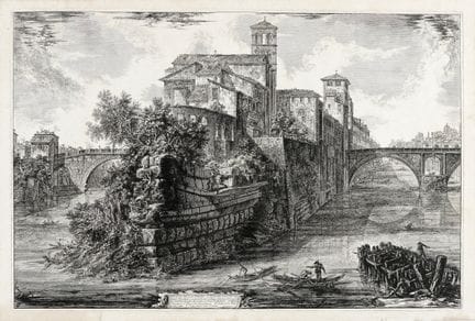 乔瓦尼·巴蒂斯塔·皮拉内西，《台伯岛风景》。1775年 [I/3，巴黎第一版]。蚀刻版画。478×7