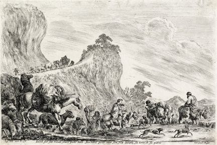 斯特凡诺·德拉·贝拉，《雅各布前往埃及的旅程》。1645年。蚀刻版画。183×273毫米。纸张尺寸：