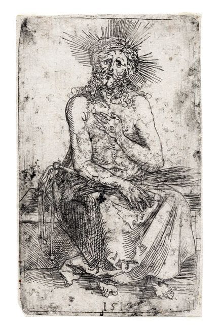 阿尔布雷希特·丢勒，《坐姿的受难基督》。1515年。铁板蚀刻版画。112×68毫米。画纸尺寸：114