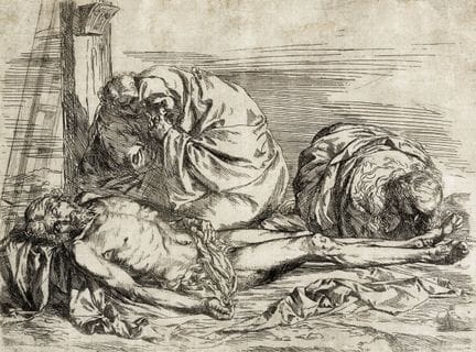 胡塞佩·（德）·里贝拉，《哀悼》。1624年前。蚀刻与干刻。193×257毫米。 巴特施（Barts