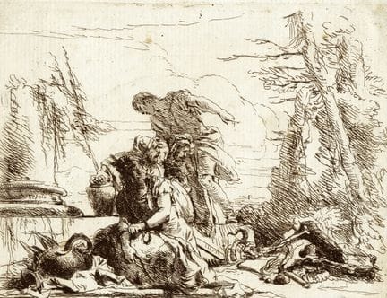 乔瓦尼·巴蒂斯塔·提埃波罗，《两名士兵与两名女子》。约1743-1749年。蚀刻版画。134×170
