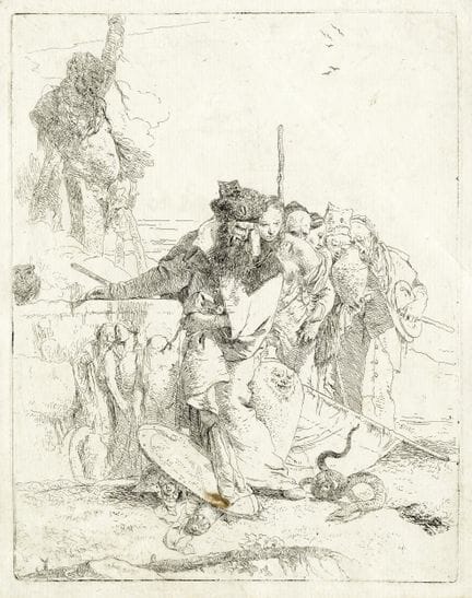 乔瓦尼·巴蒂斯塔·提埃波洛，《六人观察一条蛇》。1750-1757年。蚀刻版画。225×177毫米。