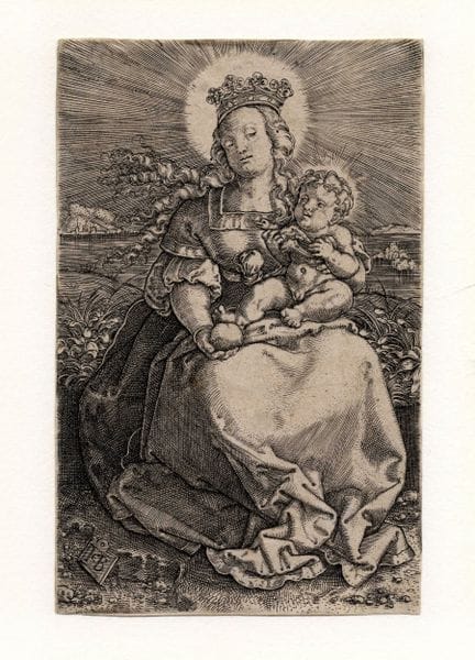 雅各布·宾克（Jacob Binck），《草坡上的圣母与圣婴》。1520-1569年。铜版画。127