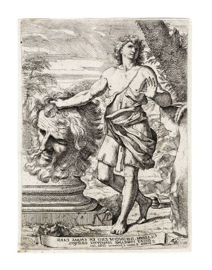 费兰特斯·罗萨蒂，《手持歌利亚头颅的大卫》。1649年。蚀刻版画。249×184毫米。纸张尺寸：25