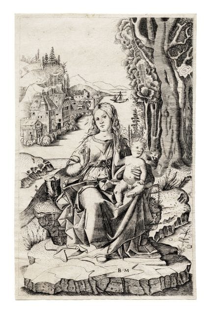 贝内德托·蒙塔尼亚 [作]，《风景中的圣母与圣婴》。约1540年。铜版画。200×128毫米。巴特施