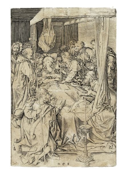 马丁·肖恩高尔，《圣母之死》。约1470-1474年 [III/3 16世纪末]。 铜版画。253×