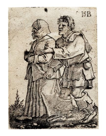 汉斯·塞巴尔德·贝哈姆，《向左行走的夫妇》。约1535-1540年。铜版画。47×39毫米。巴特施，