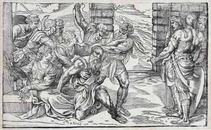 尼科洛·博尔德里尼，《参孙与达丽拉》。约1540-1543年。木刻版画。302×490毫米。纸张尺寸