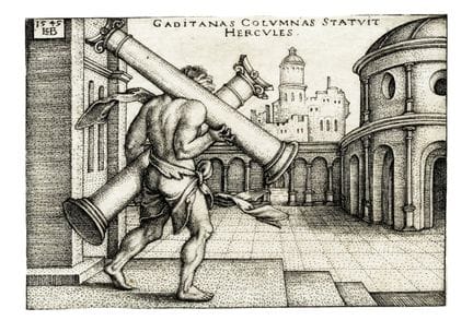 汉斯·塞巴尔德·贝哈姆，《赫拉克勒斯搬运加的斯柱》。1545年。 铜版画。50×71毫米。巴特施（B