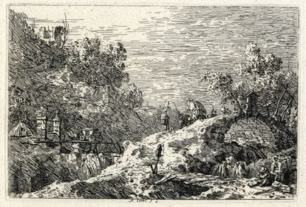 安东尼奥·卡纳尔（人称卡纳莱托），《五桥阿尔卑斯山景》。约1752-1755年。蚀刻版画。144×2