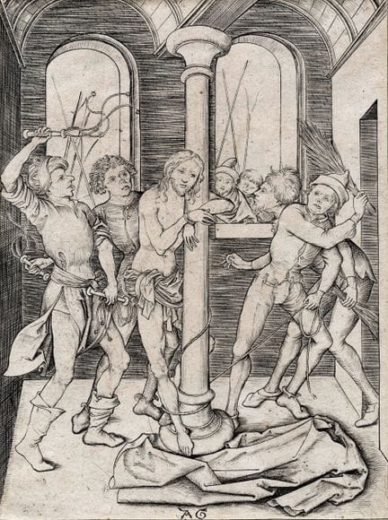 署名AG的艺术家，《受鞭刑》。约1480年。铜版画。147×108毫米。巴特施（Bartsch），V