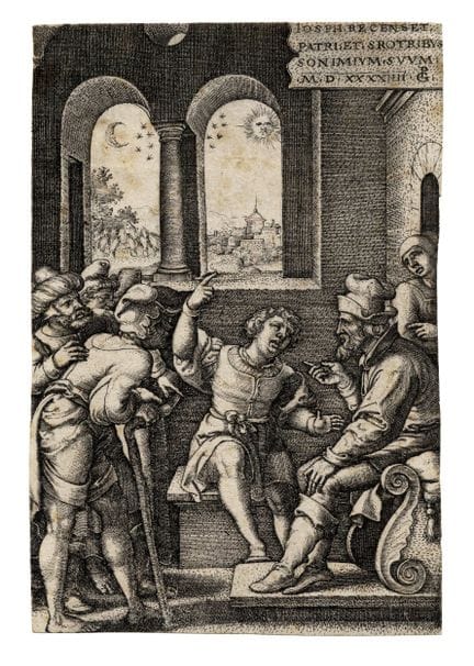 乔治·彭茨，《朱塞佩向父亲和兄弟们讲述自己的梦》。1544年，铜版画。110×73毫米。 巴特施（B