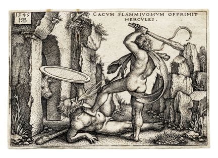 汉斯·塞巴尔德·贝哈姆，《赫拉克勒斯与卡科斯》。1545年。 铜版画。50×73毫米。巴特施（Bar