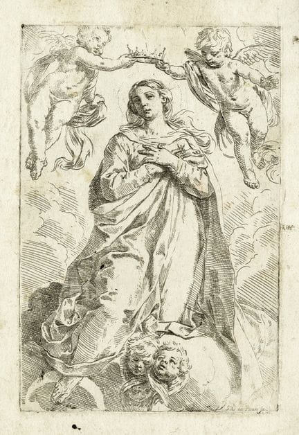 西蒙·坎塔里尼，《加冕圣母》。约1640年。 蚀刻版画。211×141毫米。版面尺寸：245×173