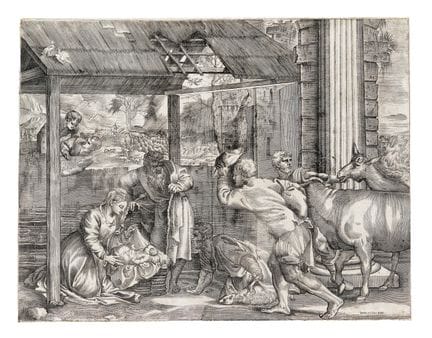 卢卡·贝特利 [刻制]，《牧羊人的朝拜》。约1580年。铜版画。392×500毫米。穆拉罗/罗桑德，