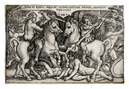汉斯·塞巴尔德·贝哈姆，《赫拉克勒斯掳走伊俄勒》。1544年。铜版画。52×78毫米。巴特施，第八卷