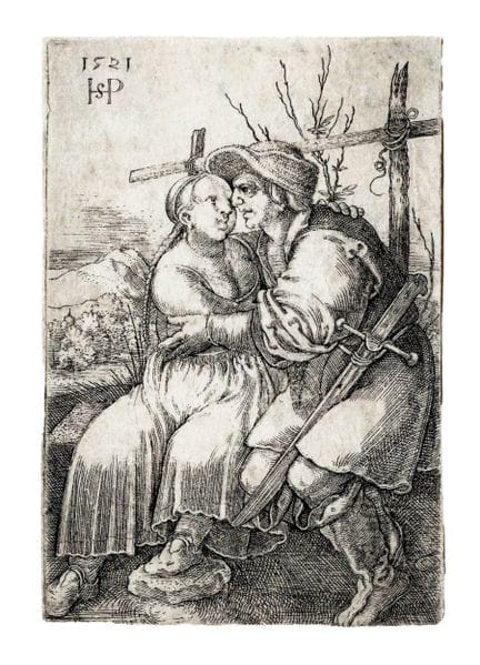 汉斯·塞巴尔德·贝哈姆 [归因于]，《士兵与未婚妻》。1521年。铜版画。76×52毫米。巴特施，第