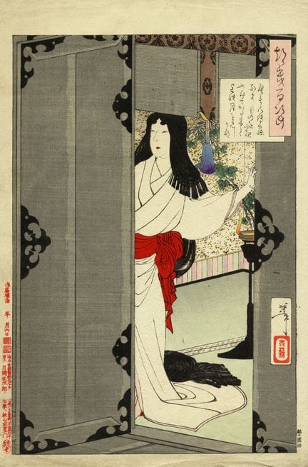 月冈芳年，《安乐庵》，“本想早点上床，可夜已深，只得仰望月亮西沉”。1887年。 彩色木版画（锦绘）