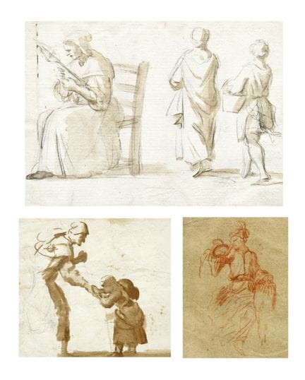 17世纪后半叶意大利画派，四幅描绘人物与风俗场景的素描。  技法和尺寸各异。这组四幅小型素描源自素描