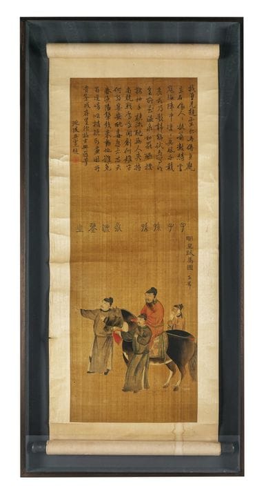 唐代画风，明帝（唐玄宗）在御马场驯马。19世纪（？）。 纸本彩绘。1040×400毫米。装裱为卷轴，