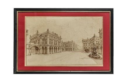 19世纪上半叶匿名作品，《带喷泉的广场透视图》。约1810-1840年。象牙色纸上用钢笔绘制，褐色墨