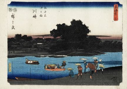 歌川广重一，《川崎：六合之桥》。1850–1851年（嘉永3–4年）。彩色木版画（锦绘）。尺寸：横版
