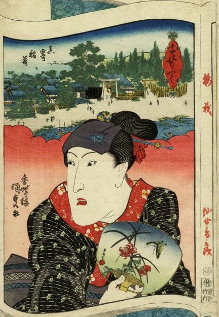 歌川国贞一世（丰国三世）、岩井半四郎六世。约1832年。彩色木版画（锦绘）。尺寸：大判立绘（356×
