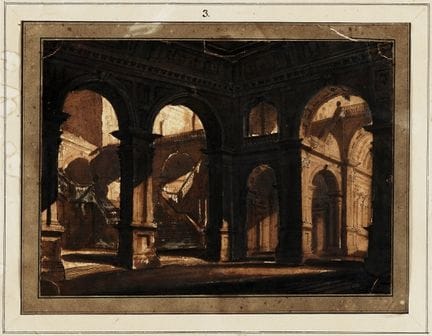 卡洛·祖基，《带有拱门和楼梯的透视图》。约1819-1820年。在黑色铅笔轮廓线上，使用钢笔和棕色墨
