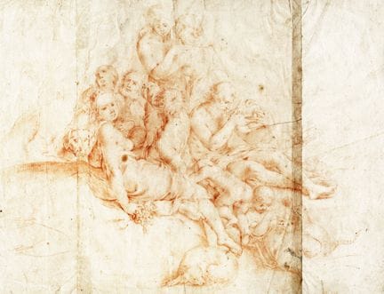 17世纪末至18世纪初的匿名画家，《人物与小动物群像习作》（右）／《带翅天使习作》（左）。  红色铅