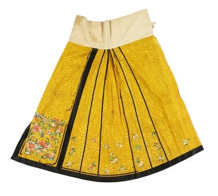 中国，清朝，两条马面裙。1880-1910年。两条黄色丝绸裙子，一条为提花织物，配有白色腰带和沙色镶
