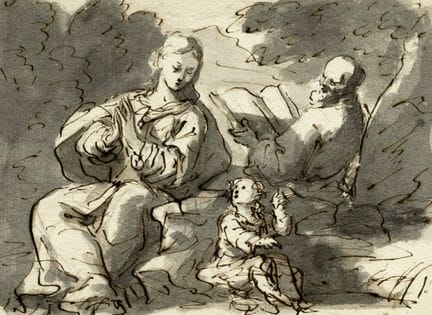 17世纪匿名画家，《圣家》习作。钢笔与棕色墨水、画笔与灰色水彩，薄水纹白纸。103×140毫米。(1