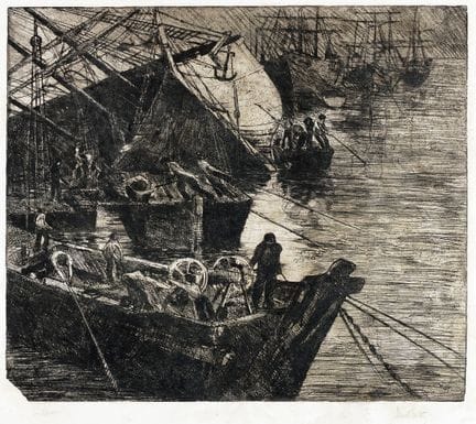 贝托·洛蒂，《退役》。约1913年。水彩蚀刻版画。约1913年。510×600毫米。画纸尺寸：565