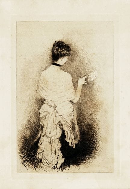 朱塞佩·德·尼蒂斯，一套包含两幅版画的作品。1880-84年。1) 《年轻女子》或《双臂紧抱的女子》