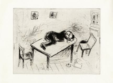 马克·夏加尔，《奇奇科夫在办公室睡觉》。1923-27年。蚀刻版画。210×275毫米。 画纸尺寸：