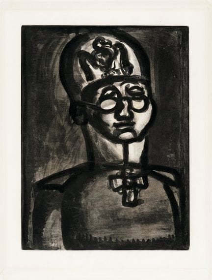 乔治·鲁奥，《远离兰斯之笑》。1922年。水彩蚀刻与滚轮印法。510×383毫米。纸张尺寸：660×