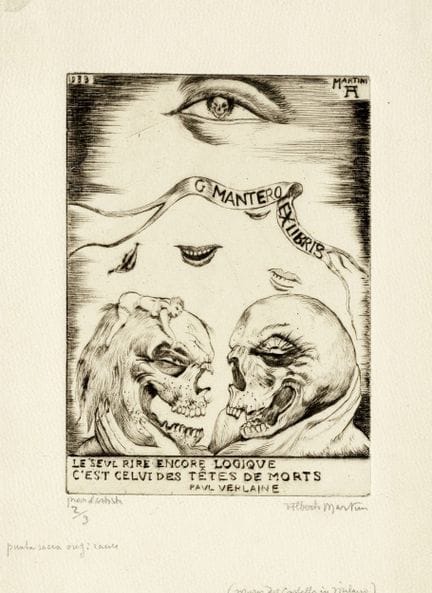 阿尔贝托·马蒂尼，为G.曼特罗创作的藏书票。1939年。干刻版画。138×98毫米。画纸尺寸：203
