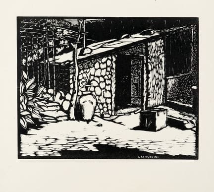 路易吉·塞尔沃利尼，一套包含2幅版画的作品。  1) 《松树》。木版画。380×295毫米。 纸张尺