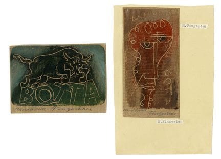 米歇尔·芬格斯滕，一套由2张藏书票组成的作品集。1942年。1) 博塔。1942年。油毡版画。70×