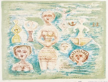 马西莫·坎皮利，《沐浴者》。1955年。石版画。475×620毫米。画纸尺寸：500×650毫米。见