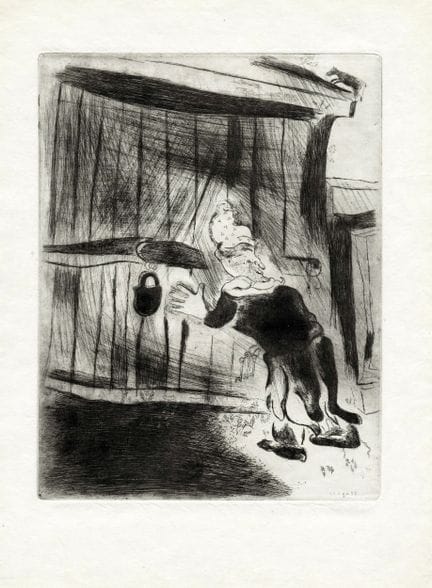 马克·夏加尔，《普柳什金在门口》。1923-27年。日本纸上的干刻版画。280×212毫米。纸张尺寸