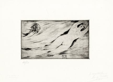 阿尔贝托·马蒂尼，《海妖》。 蚀刻版画。115×195毫米。画纸尺寸：255×355毫米。版面底部中