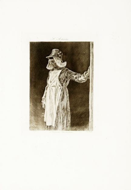 费利西安·罗普斯（Félicien Rops），一套由4幅版画组成的组画。  1) 《在“普斯塔”》