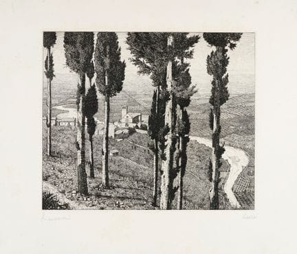 劳伦齐奥·劳伦齐，一套包含两幅以阿西西为主题的版画。1922-25年。1) 从苏巴西奥山眺望阿西西城