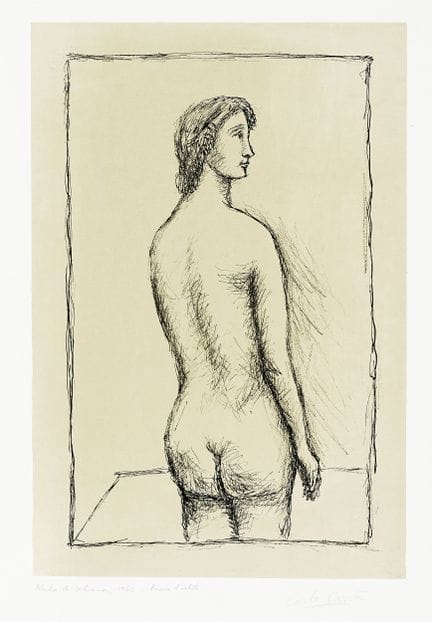 卡洛·卡拉，《背部裸体》。1962年。石版画。465×310毫米。画纸尺寸：630×450毫米。右下