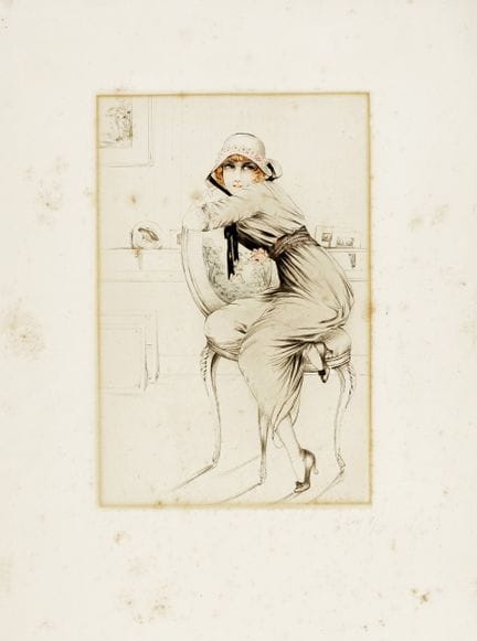 路易·伊卡特 [画派]，《坐着的女子》。彩色蚀刻版画。380×250毫米。画纸尺寸：603×450毫