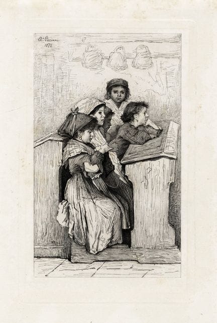 多位作者，一套3幅版画。1872-78年。1) 皮奇尼（A. Piccinni），《罗马的一所学校》